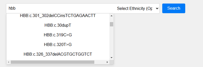 Search interface of the Hemoglobin Mutation Database