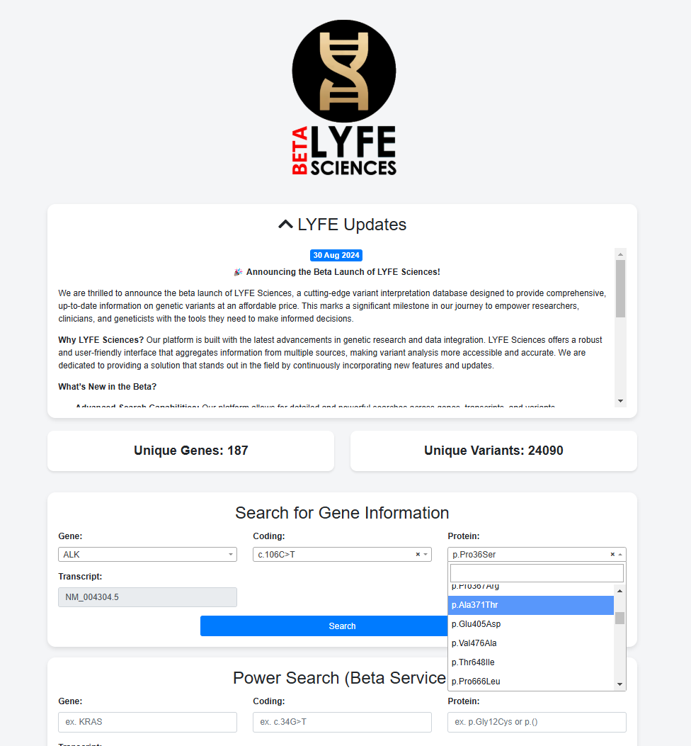 Search functionality of LYFE Sci