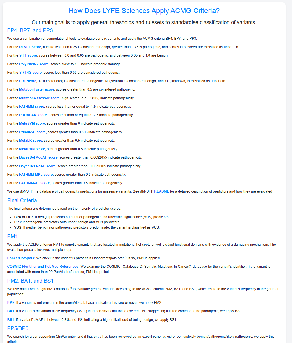 Variant analysis results on LYFE Sci