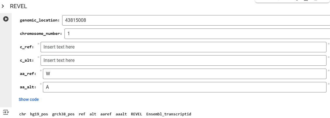 Google Colab notebook showing REVEL score retrieval