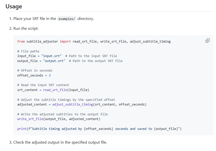 Example of adjusted subtitles showing input and output SRT files